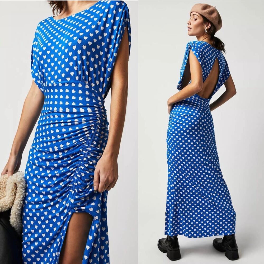 🆓🅿️ Free People Lakeside Printed Midi Dress Blue Hearts Open Back Size L
